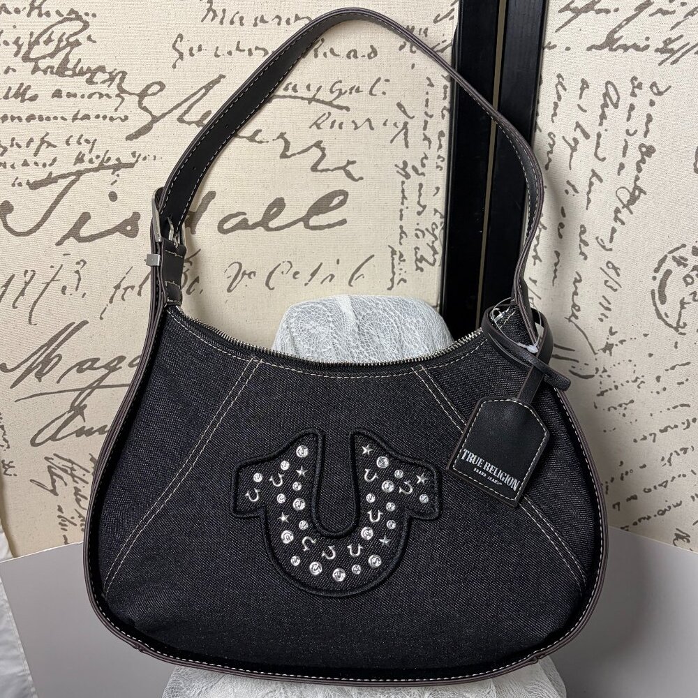 True Religion Studded Logo Denim Hobo Bag NEW NWOT - minor cosmetic defects